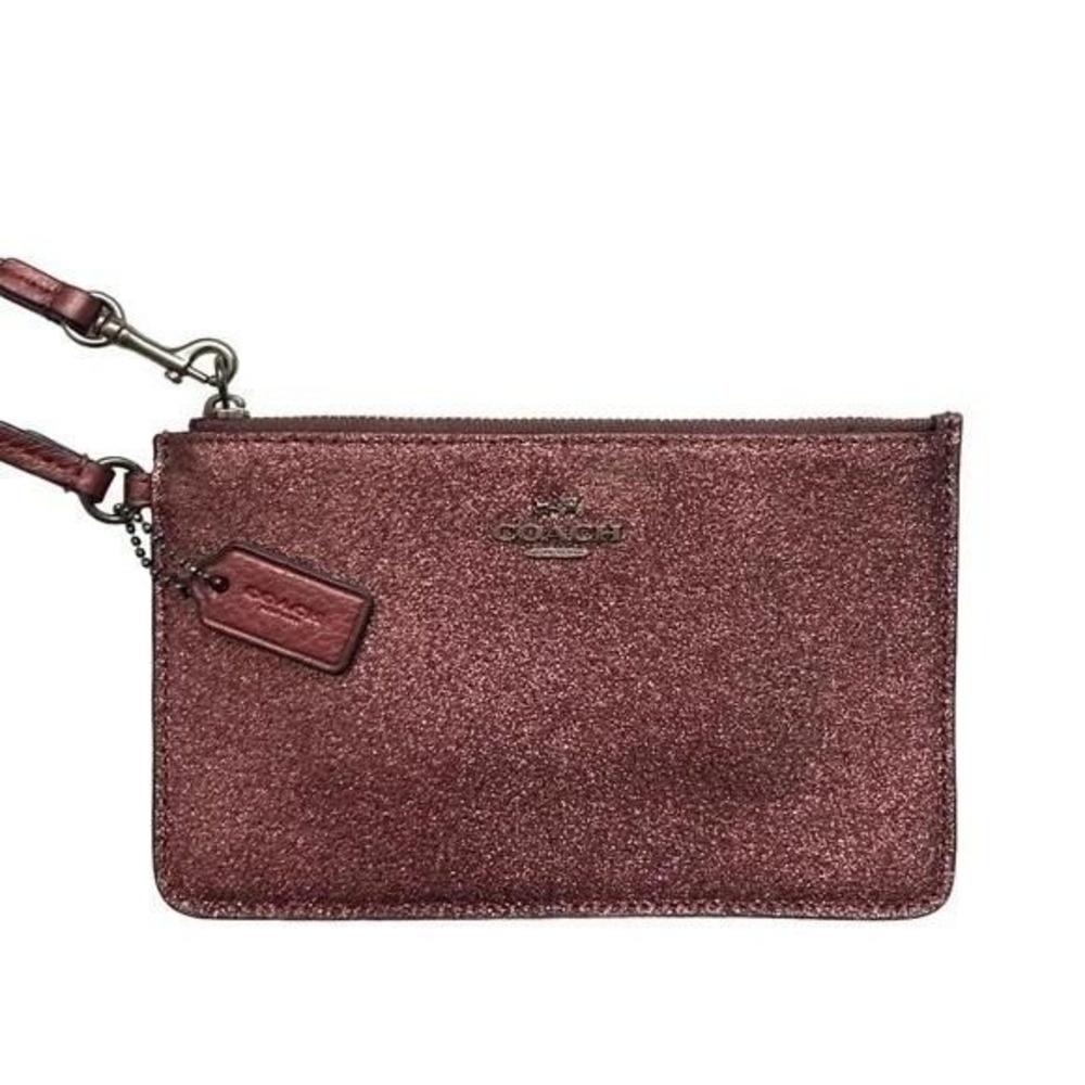 Coach Burgundy Glitter Wristlet Pouch Zip‎ Top Card Slots Wine Red Sparkly Bag